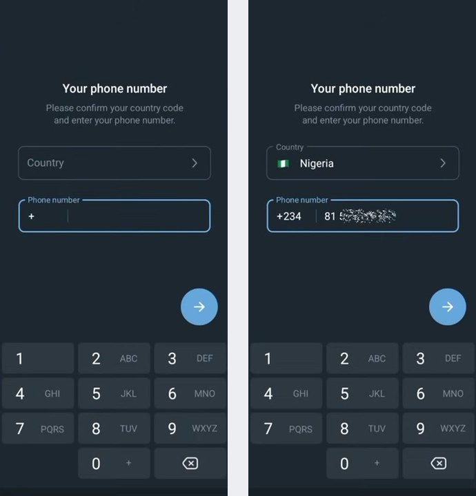 Telegram注册页Your phone number:先选国家再填手机号,左图空白,右图选好国家并填了号码(号码已遮)