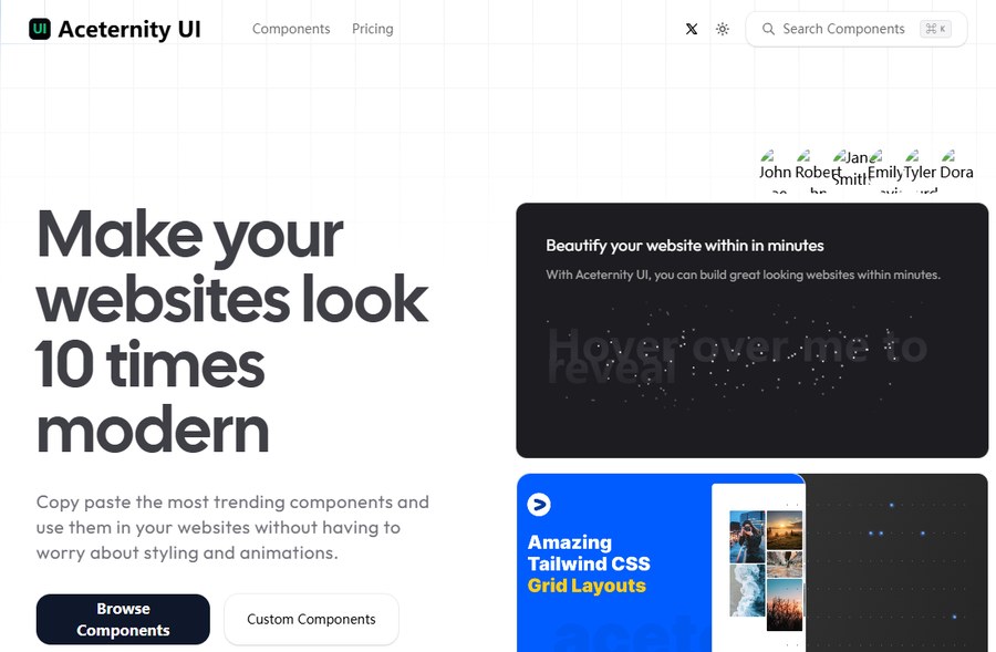 2023年12月20日网页存档里的Aceternity UI首页:标语Make your websites look 10 times modern,菜单只有Components和Pricing