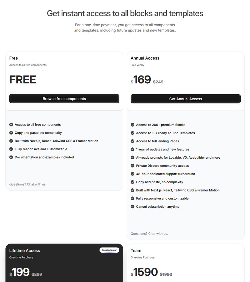 Aceternity UI定价页:Free免费、Annual Access年付169美金原价249、Lifetime Access买断199美金原价299、Team团队1590美金原价1990