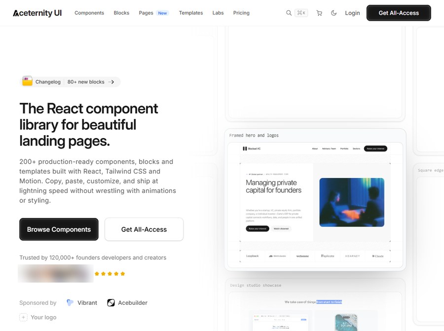 Aceternity UI首页首屏:The React component library for beautiful landing pages,200+组件区块和模板,Trusted by 120,000+