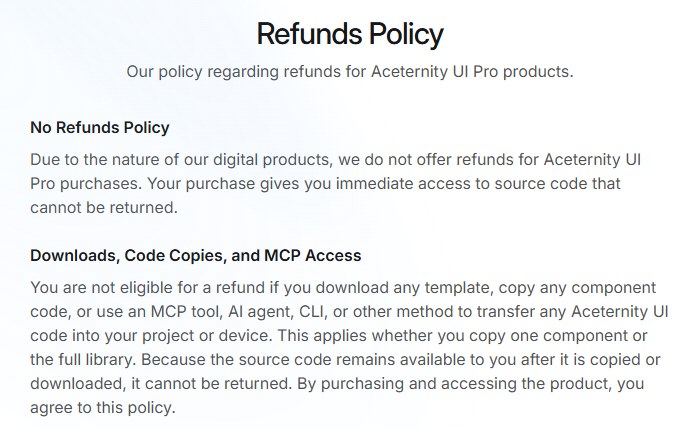 Aceternity UI退款政策:付费版不退款,下载模板、复制组件代码或用MCP工具导入代码都不能退,复制一个组件也算