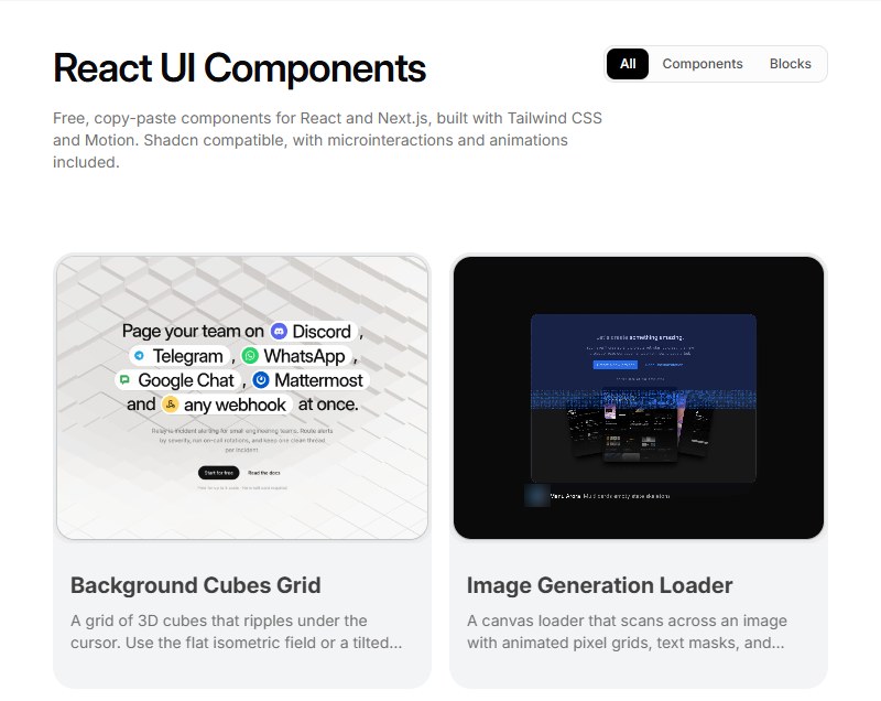 Aceternity UI组件目录页React UI Components:免费复制粘贴的React和Next.js组件,分Components和Blocks两栏
