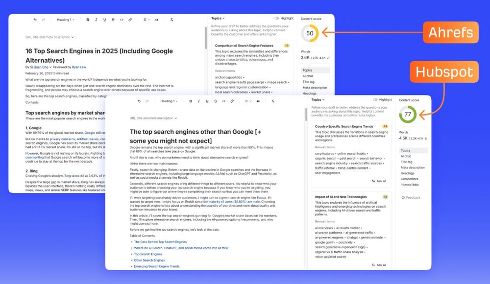 Ahrefs 内容打分工具对比两篇同题文章,50分对77分