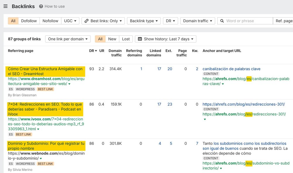Ahrefs 外链报告:DreamHost 西语博客、iVoox 播客、Webnode 西语博客链到 Ahrefs 西语博客的关键词内耗、301重定向、子域名和子目录几篇文章