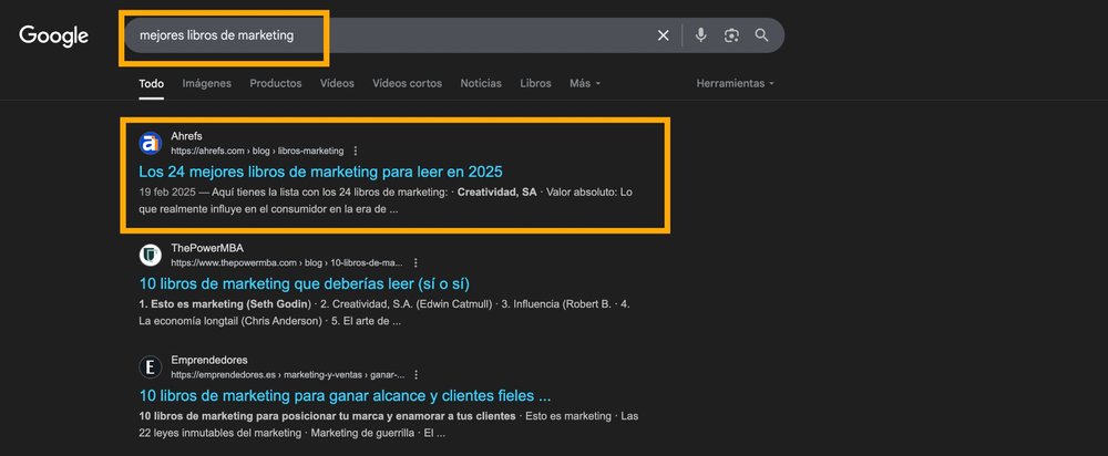 谷歌西语搜索 mejores libros de marketing,排第一的是 Ahrefs 西语文章 Los 24 mejores libros de marketing para leer en 2025,日期2025年2月19日