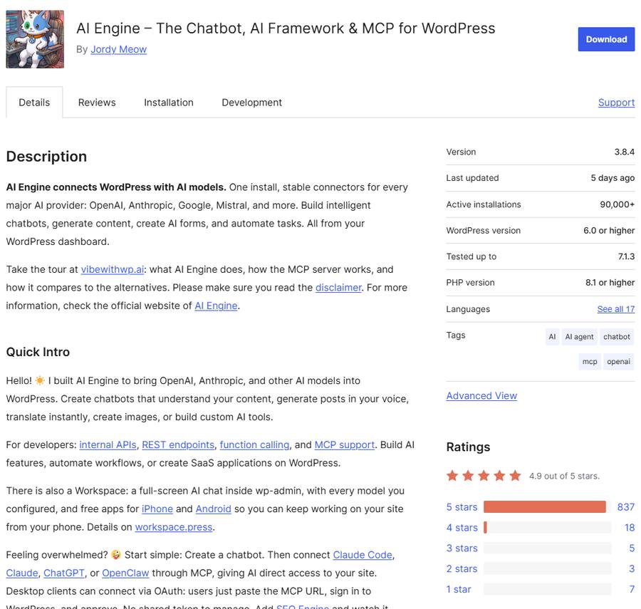 wordpress.org上AI Engine插件页,版本3.8.4,9万多个站在用,870个评分里837个五星