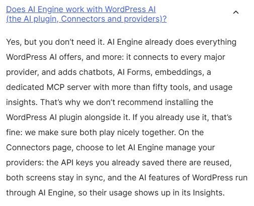 AI Engine插件FAQ原文:能和WordPress官方AI插件一起用但不需要,不建议一起装