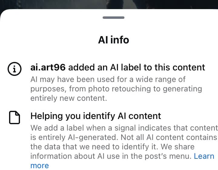 观众点开帖子看到的AI info:作者自己加了AI标签