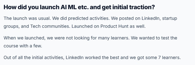 创始人采访原话:首批发在LinkedIn、创业社群、技术社区和Product Hunt,LinkedIn最有效,约7个学员