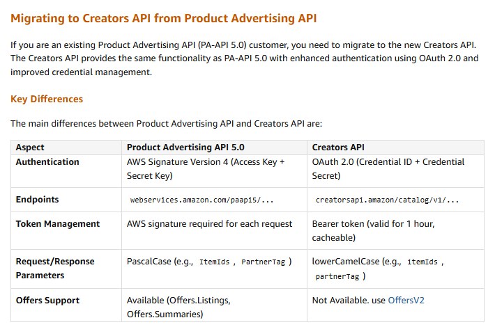 亚马逊联盟官方迁移文档:PA-API 5.0用户迁移到Creators API,认证改为OAuth 2.0,端点换成creatorsapi.amazon