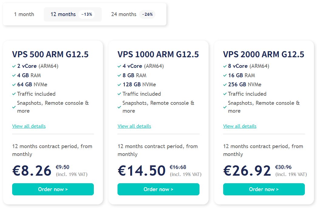 Netcup ARM服务器价格页：VPS 500 ARM G12.5 12个月合同每月8.26欧元，VPS 1000 ARM 14.50欧元，VPS 2000 ARM 26.92欧元，含19%增值税