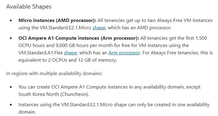 Oracle Always Free文档：Ampere A1每月前1500 OCPU小时和9000 GB小时免费，Always Free账户折合2个OCPU和12GB内存