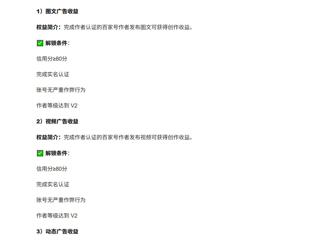 百家号图文广告收益和视频广告收益的解锁条件:信用分大于等于80分,完成实名认证,账号无严重作弊行为,作者等级达到V2