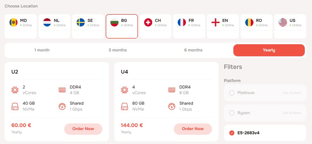 AlexHost VPS页地点选BG、付期选Yearly:U2年付€60.00,U4年付€144.00