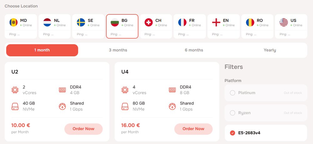 AlexHost VPS页地点选BG、付期选1 month:U2 2核4GB 40GB NVMe €10.00/月,U4 4核8GB 80GB €16.00/月,Platinum和Ryzen缺货