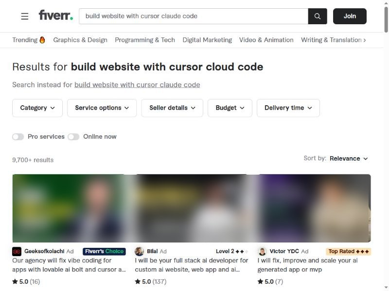 Fiverr搜索页顶部:搜索 build website with cursor claude code,页头显示9,700+ results