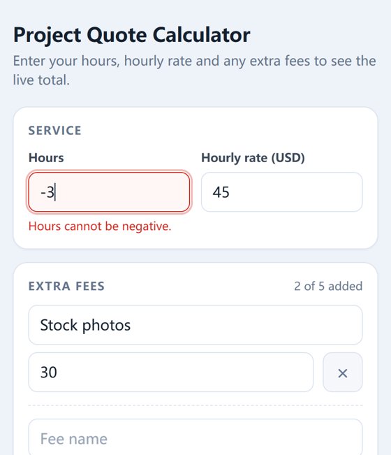 示例报价计算器输入负数小时:提示 Hours cannot be negative,总价没有出现 NaN