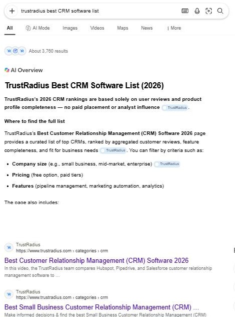 2026年10月搜索TrustRadius CRM分类页,结果标题显示为Best Customer Relationship Management (CRM) Software 2026
