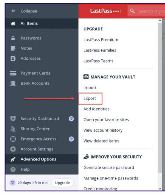 LastPass后台Advanced Options菜单,Manage Your Vault下的Export导出选项被红框标出