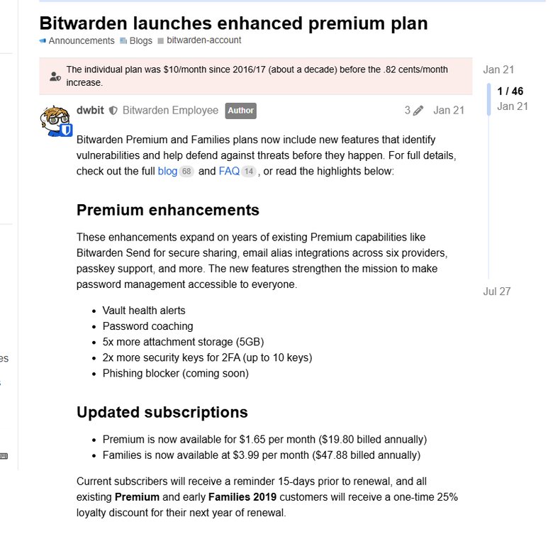 Bitwarden官方社区公告Bitwarden launches enhanced premium plan,列出新增功能和更新后的Premium与Families价格