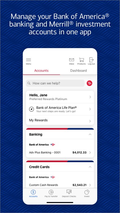 Bank of America手机银行官方展示图:账户总览页