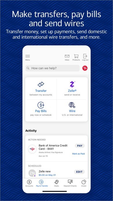 Bank of America手机银行官方展示图:转账、缴费和电汇入口