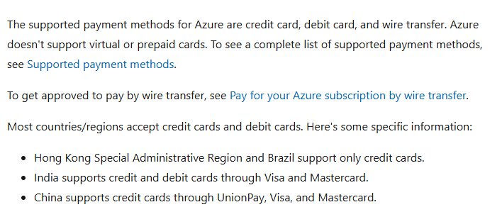 Azure付款方式文档:支持信用卡、借记卡和电汇,不收虚拟卡和预付卡,中国支持银联、Visa、Mastercard信用卡