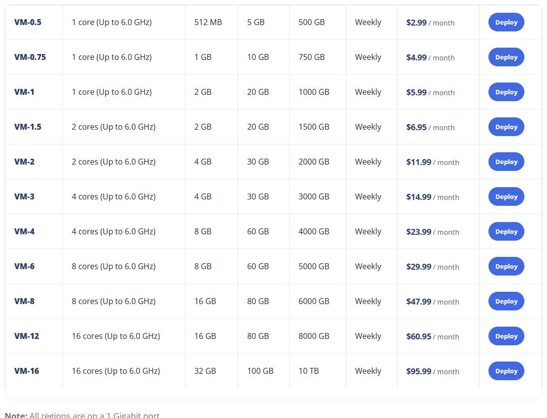 Evoxt VPS价格表:VM-0.5 1核512MB 5GB 500GB流量$2.99每月,VM-0.75 $4.99,VM-1 $5.99,VM-1.5 $6.95,VM-2 $11.99,VM-4 $23.99,每周备份,所有地区1Gbps端口