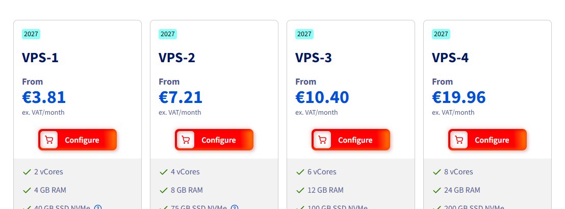 OVHcloud VPS 2027四档价格:VPS-1 From €3.81、VPS-2 €7.21、VPS-3 €10.40、VPS-4 €19.96,不含增值税每月,VPS-1是2核4GB