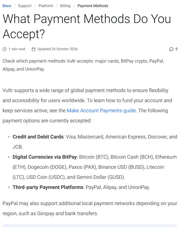 Vultr付款方式文档:信用卡和借记卡、BitPay加密货币,以及PayPal、支付宝Alipay和银联UnionPay