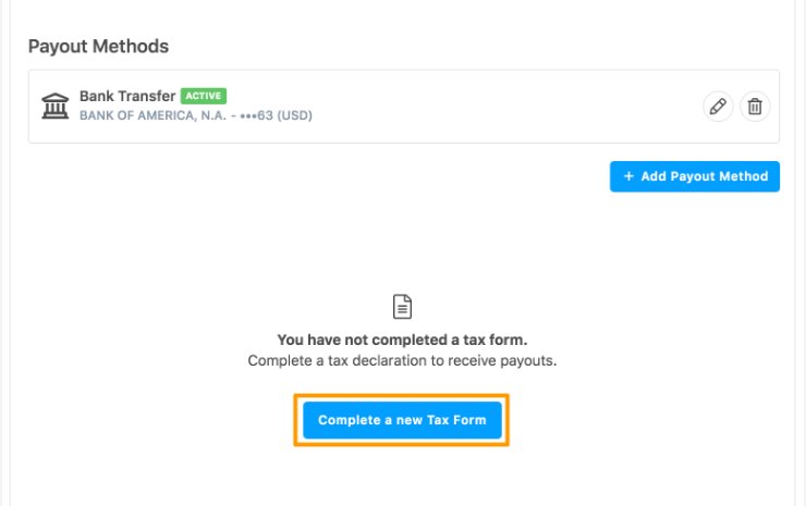 Bugcrowd收款方式页:已加一个银行转账收款方式,下面写着You have not completed a tax form,有一个Complete a new Tax Form按钮