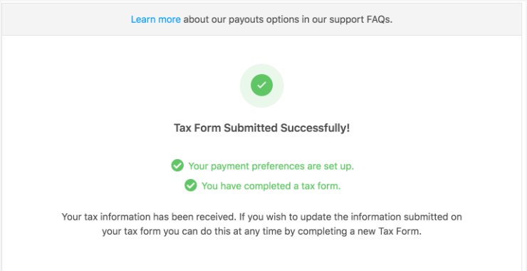 Bugcrowd提交成功页:Tax Form Submitted Successfully,Your payment preferences are set up,You have completed a tax form,右下角Done按钮