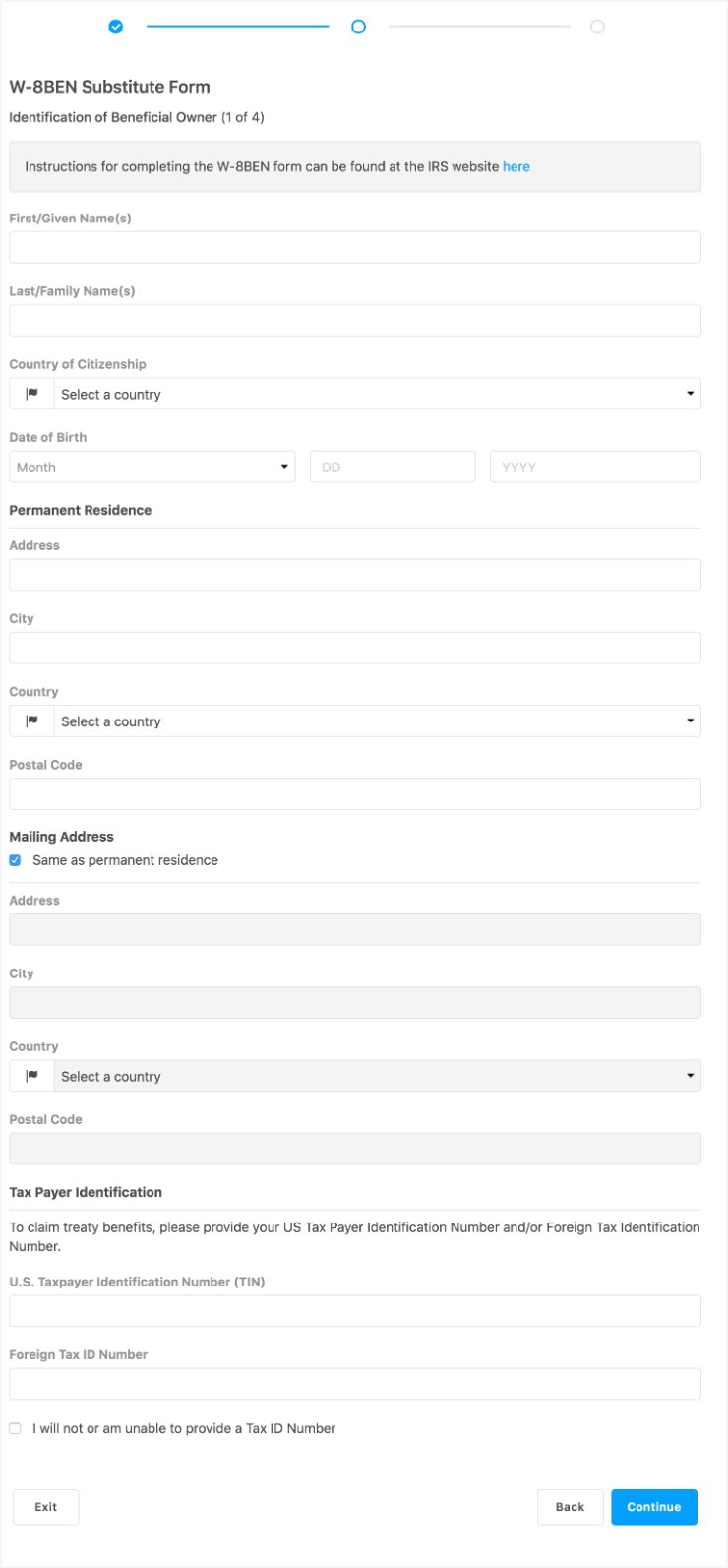 Bugcrowd的W-8BEN Substitute Form 1 of 4:受益所有人身份,有姓名、国籍、出生日期、永久居住地址、邮寄地址和纳税人识别号码几块,全部为空白