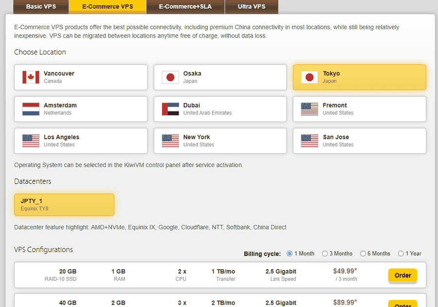 搬瓦工E-Commerce VPS东京JPTY_1下单页：机房特点写着Softbank、China Direct，1GB内存每月1TB流量49.99美元每季