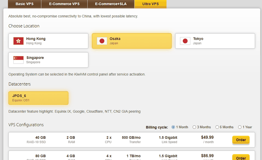 搬瓦工Ultra VPS大阪JPOS_6下单页：机房特点写着CN2 GIA peering，2核2GB每月500GB流量49.99美元每月