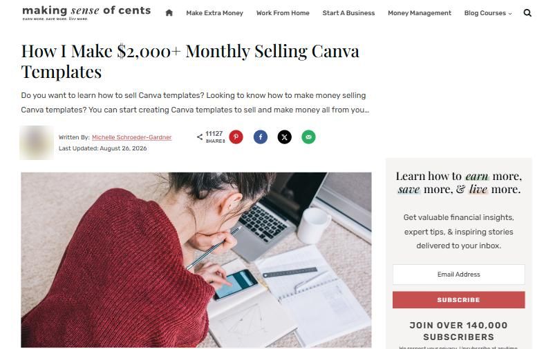一位卖Canva模板的老外自述月入2000美元以上的访谈页面,标题写着How I Make $2,000+ Monthly Selling Canva Templates