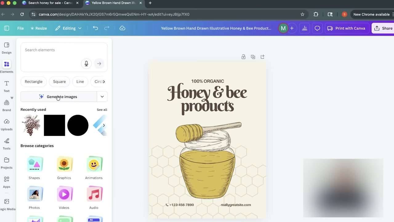 Canva编辑器左侧Elements面板:搜索框下面是Generate images按钮,再下面是Shapes、Graphics、Animations等分类