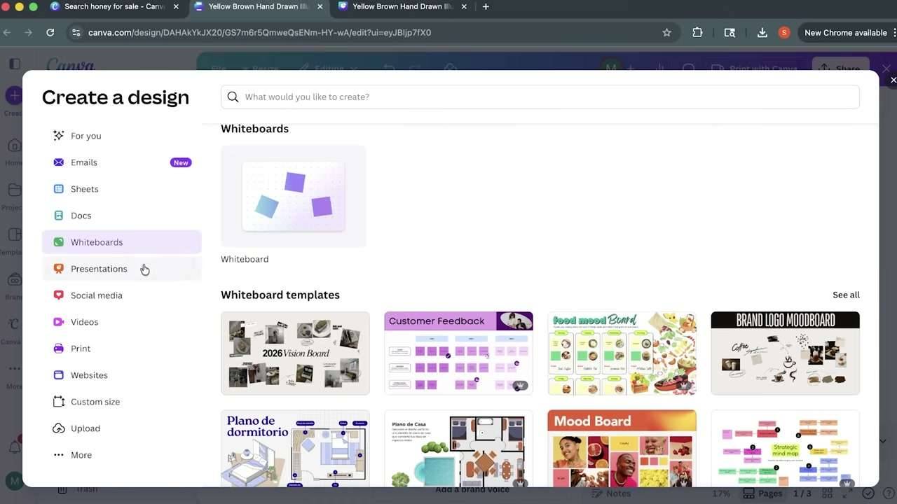 Canva的Create a design弹窗:左侧分类有For you、Emails、Sheets、Docs、Whiteboards、Presentations、Social media、Videos、Print、Websites、Custom size