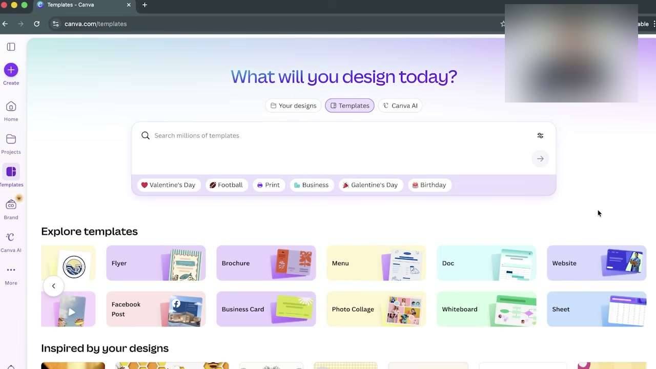 Canva登录后的模板首页:What will you design today?,搜索框下面是Flyer、Brochure、Menu、Doc、Website、Facebook Post等常用尺寸入口