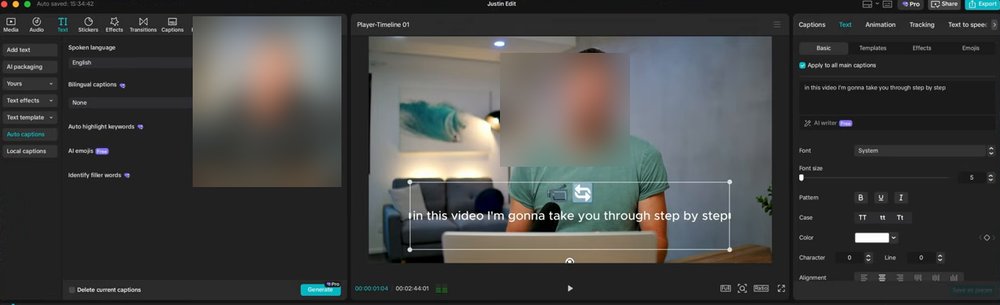 CapCut电脑版自动字幕面板:Spoken language、Bilingual captions、AI emojis和Generate按钮