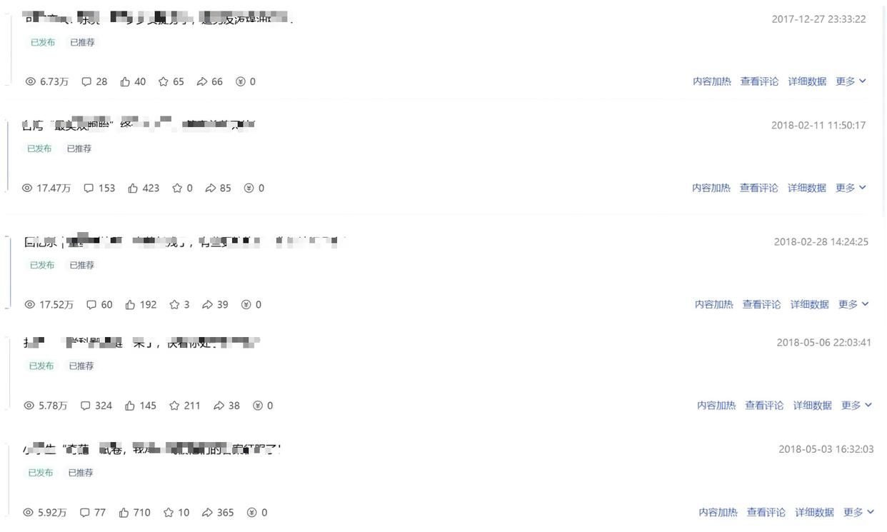 百家号作品列表:2017年12月到2018年5月的几篇文章,阅读量分别是6.73万、17.47万、17.52万、5.78万、5.92万,标题已打码