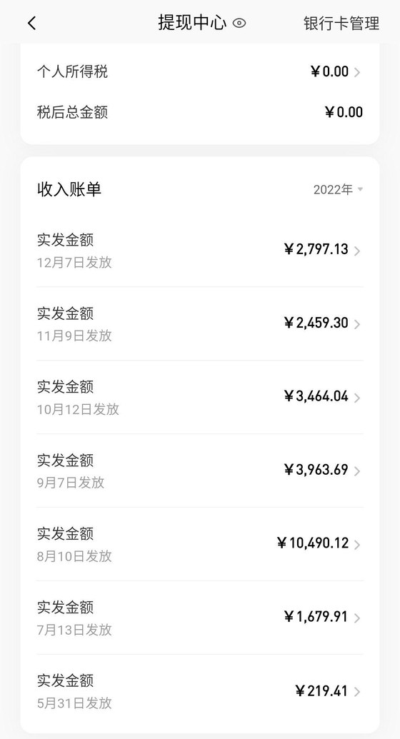 番茄作家助手提现中心收入账单2022年:7笔实发金额,8月10日发放10,490.12元