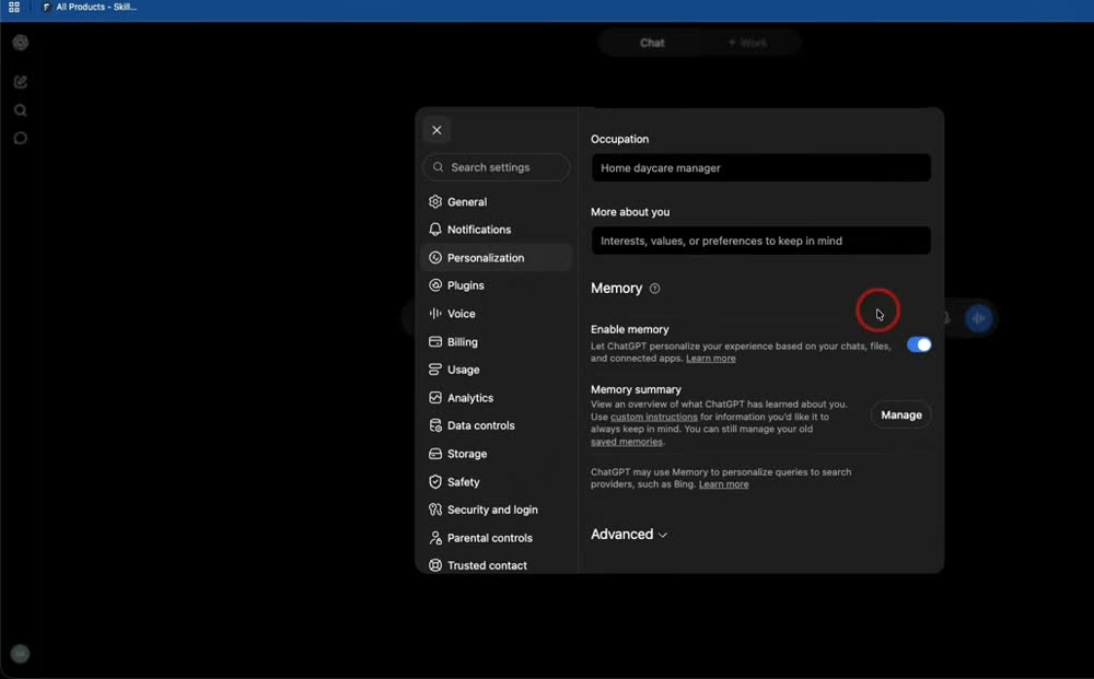 Settings的Personalization页:Occupation、More about you、Enable memory开关和Memory summary的Manage按钮