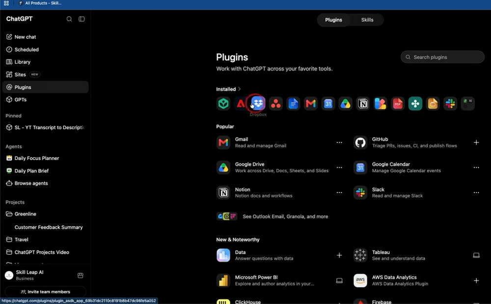 Plugins页:已安装插件图标一排,Popular里有Gmail、GitHub、Google Drive等