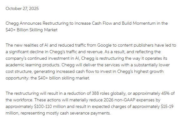 Chegg 2025年10月重组公告,裁掉388个岗位约占员工45%