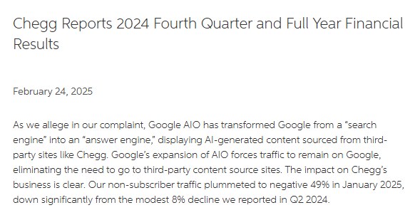 Chegg 2024年第四季度财报新闻稿里写非订阅用户流量2025年1月同比掉49%