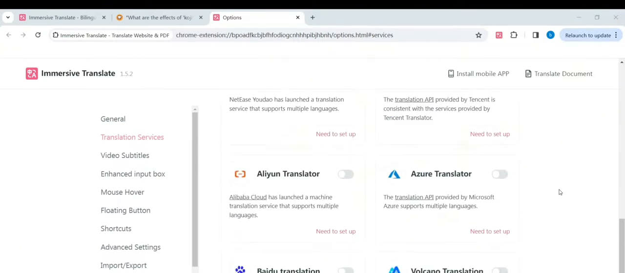 沉浸式翻译插件设置页Translation Services:阿里云翻译、Azure翻译、百度翻译、火山翻译等服务的开关,标着Need to set up
