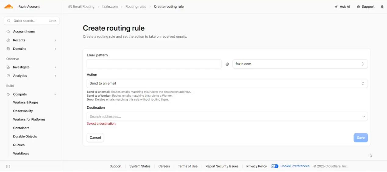 Cloudflare Create routing rule页面:Email pattern填前缀,Action选Send to an email,另有Send to a Worker和Drop,Destination选目标邮箱