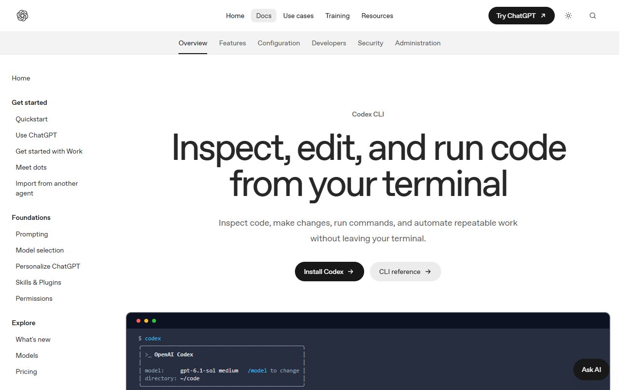Codex CLI文档页:标题Inspect, edit, and run code from your terminal,下方终端里输入codex后显示OpenAI Codex、model: gpt-6.1-sol medium、/model to change