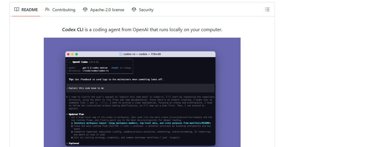 GitHub上Codex CLI的README演示:终端里输入Explain this code base to me,Codex先写出Updated Plan,列出要查的目录和运行流程